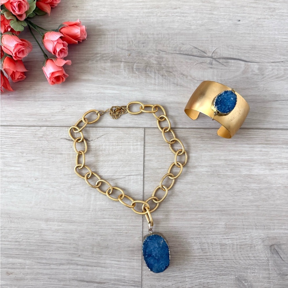 Chunky link necklace and bracelet set with blue quartz geode pendant boho